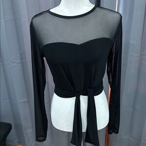 Boohoo Elegant Black Sheer Blouse with Waist Tie